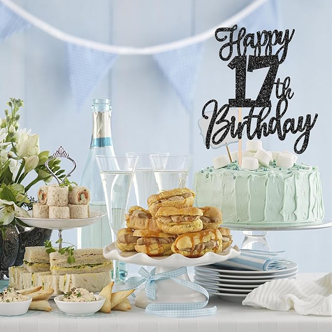 1 PCS Happy 17th Birthday Cake Topper Glitter Cheers to 17 Years Birthday Cake Pick Seventeen Hello 17 Cake Decoration for Happy 17th Birthday Anniversary Theme Party Decorations Supplies Black