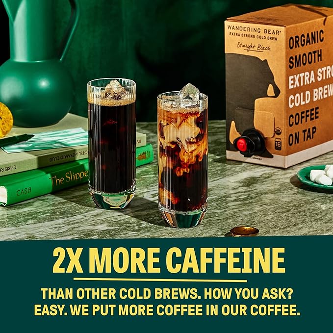 Wandering Bear Straight Black Organic Cold Brew Coffee On Tap, 96 fl oz - Extra Strong, Bold, Smooth, Unsweetened, Shelf-Stable, Ready to Drink, 100% Organic, Iced Cold Brewed Coffee Drinks