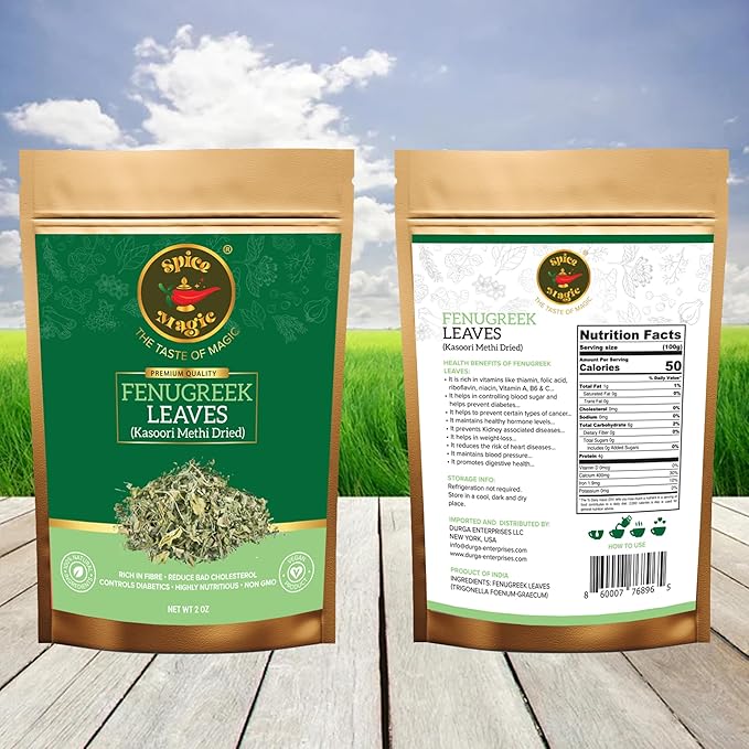SPICE MAGIC Fenugreek Leaves ??Kasoori Methi Premium Quality, Whole and Aromatic for Seasoning, Baking, and Cooking ??2 oz (2 OZ, Fenugreek Leaves)