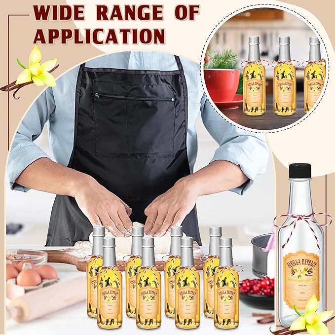 Tioncy 16 Pcs Vanilla Extract Bottles for Homemade Vanilla Jar Glass Bottle with Cap, Shrink Band, Sticker Syrup Gift Food Storage Canister for Bean Sauce Spice(Silver,8.5 oz)
