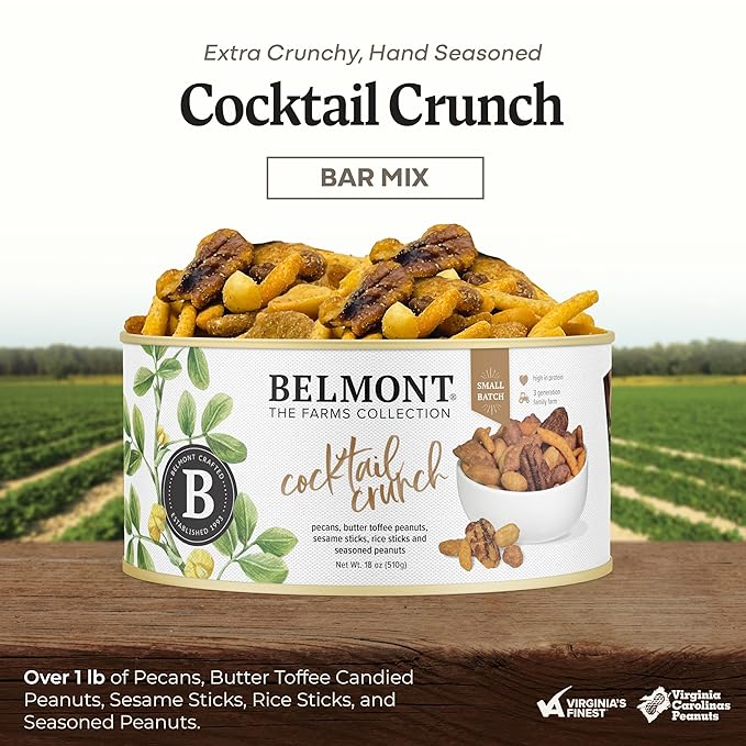 Belmont Peanuts Cocktail Crunch Mix, 18 oz (1 Pack) ??Pecans, Butter Toffee Virginia Peanuts, Sesame Sticks, Rice Sticks, Seasoned Peanuts ??Simple Ingredients, No Preservatives, Hand Seasoned