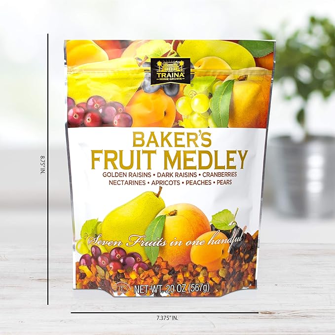 Traina Home Grown Baker?셲 Fruit Medley - Diced Peaches, Cranberries, Apricots, Pears, Nectarines, and Raisins - Non GMO, Gluten Free, Value Size (20 oz)