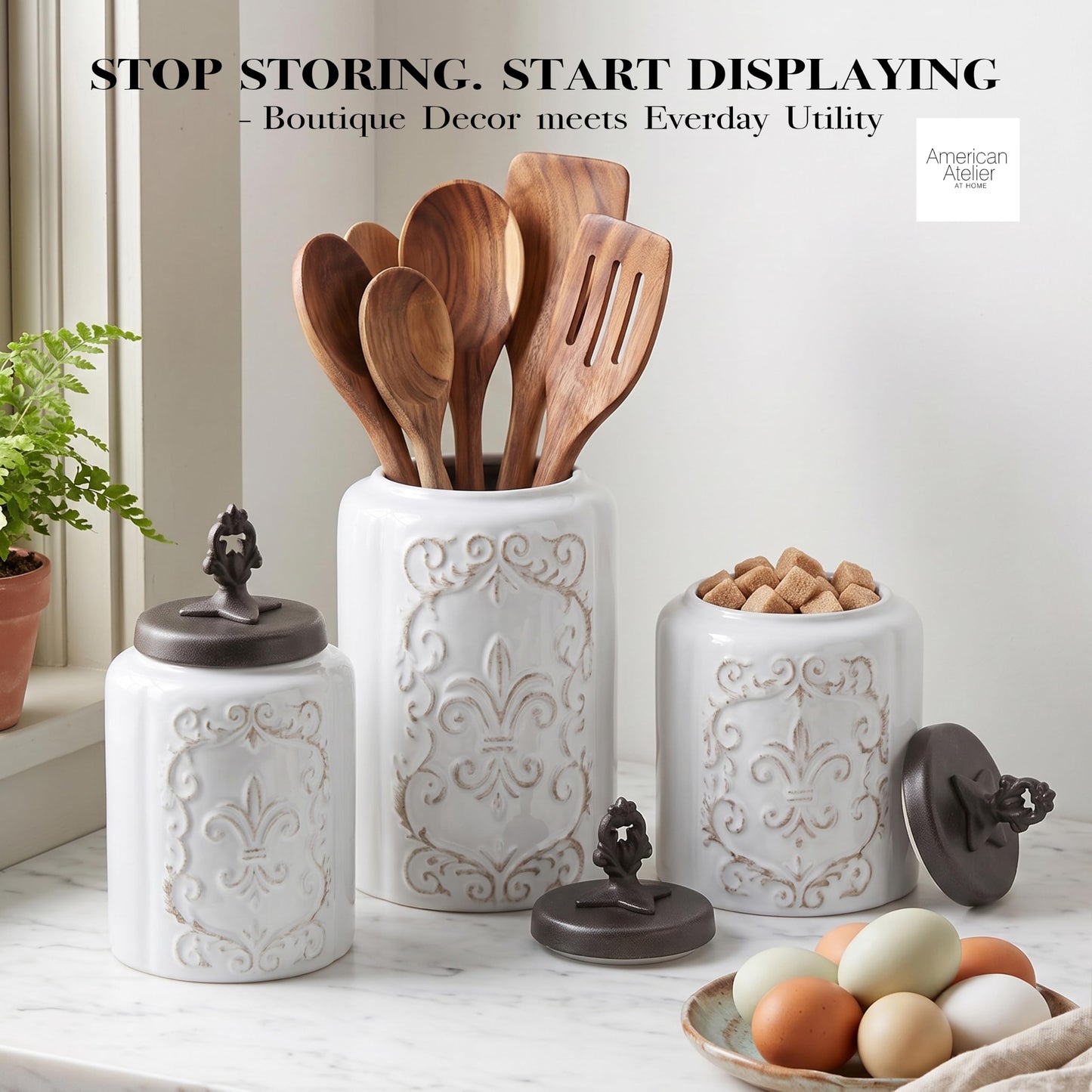 American Atelier Fleur de Lis White Canister Set 3-Piece Ceramic Jars in 84.5oz, 74.5oz, & 60oz