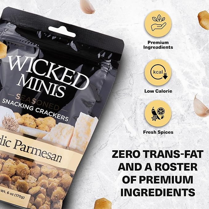 Wicked Minis Soup & Oyster Crackers-Saltine Crackers Salted Flavored Mini Puffed Soup Crackers, Savory Snacking Mix Seasoned Croutons Salad Toppers, Crackers for Chili 6oz(Garlic Parmesan, Pack of 3)