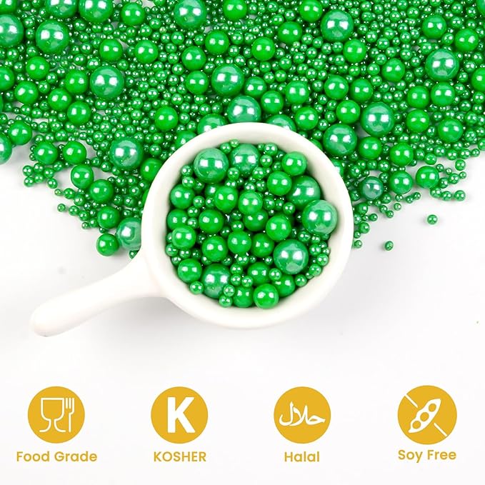 Christmas Edible Green Pearl Sprinkles, Edible Sugar Pearls for Cake Decorating, Cake Decorations, Cupcake Toppers, 180g/6.35oz, Mix Size, Wedding Party Halloween Christmas Supplies