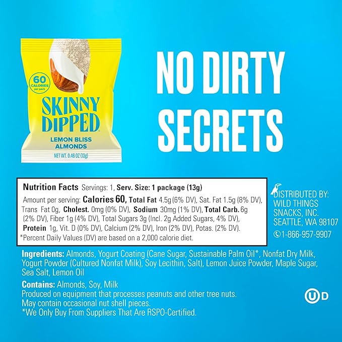 SkinnyDipped Lemon Bliss Almonds, Mini Snack Packs, Chocolate Covered Almonds, Low Sugar, Gluten Free, Healthy Snack, 24 Count