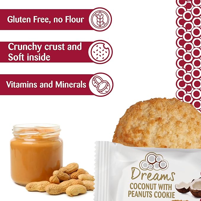 Coconut Cookie with Peanuts Cookie -Healthy Snacks, Gluten-Free, Protein and Nutrient Packed – DREAMS COCONUT – 1 box with 24 units (x 1.48oz/42g), 35.52oz/ 1008g