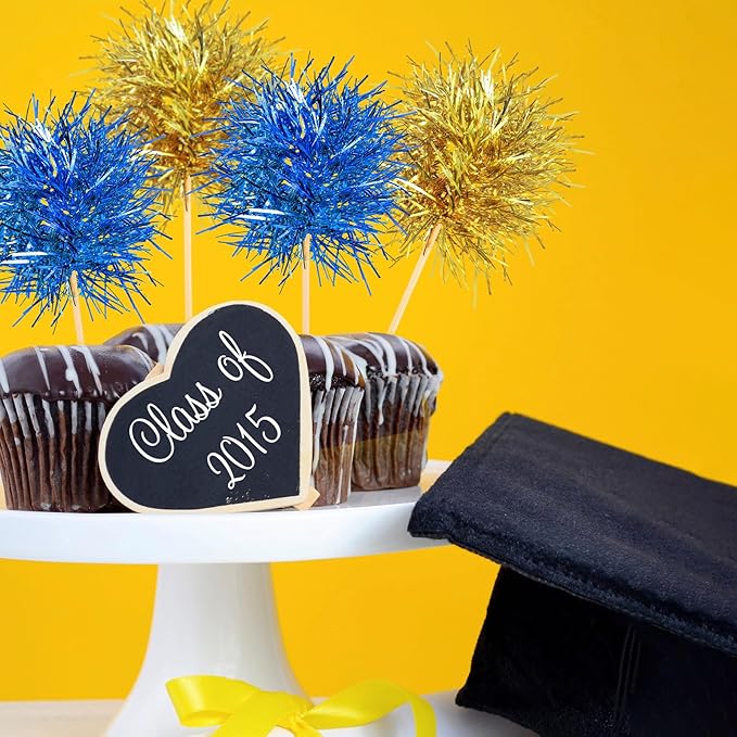 Chinco 100 Pcs Foil Firework Cupcake Toppers Sparkle Tinsel Cake Toppers Cake Decoration Cocktail Fruit Toothpick for Birthday Wedding Graduation Party(Blue, Gold)