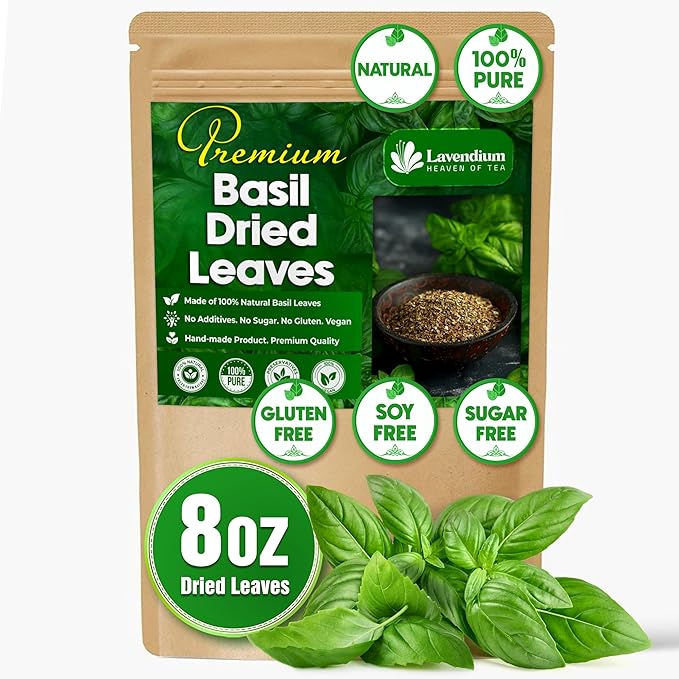 Lavendium, Premium 8oz Dried Basil ??100% Pure, Non-GMO, Gluten-Free, Vegan ??Aromatic Culinary Herb for Cooking, Garnish, and Seasoning ??No Additives or Preservatives ??Resealable Bag