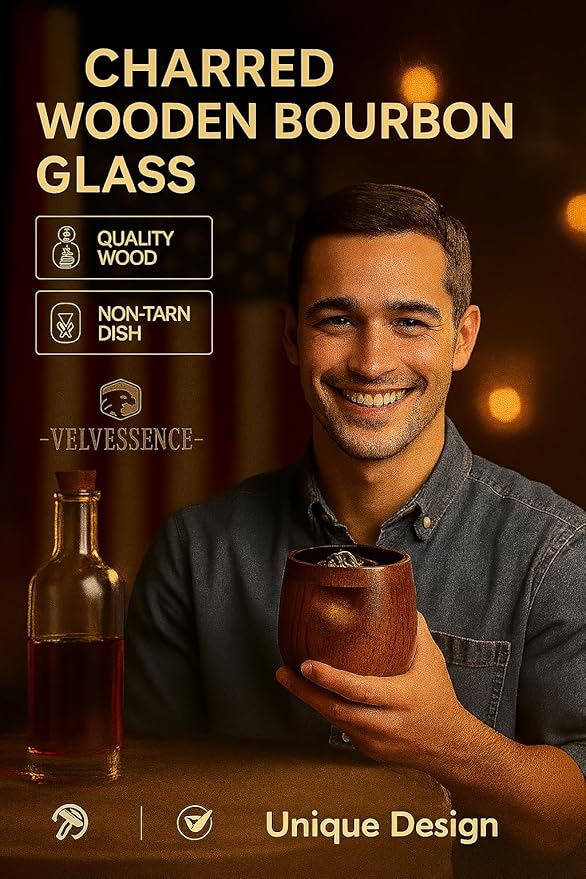 Premium Handcrafted Charred Wooden Bourbon Drinking Glass ??Bourbon Glass for Whiskey Lovers | Unique Bourbon Gifts for Men ??Perfect for Dad, Husband or Groomsmen | By a Trusted USA Brand
