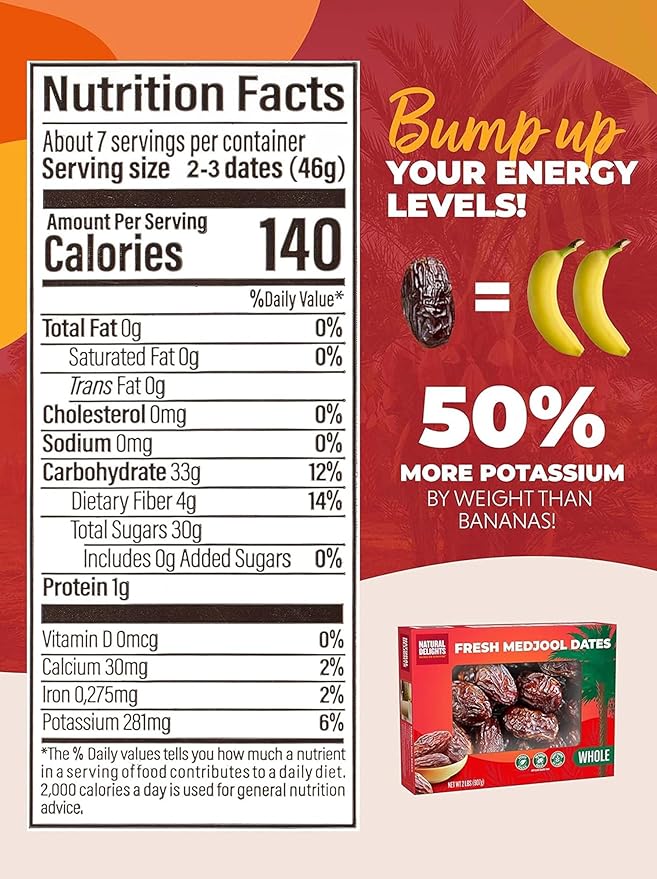 Natural Delights Medjool Dates Whole - Non-GMO Verified Fruit, Good Source of Fiber & Potassium, Naturally Sweet, Snack for On-the-Go, Large & Plump Dates - Bulk 2 lb Box (Pack of 2)