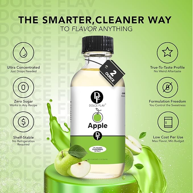 Dolce Flav Apple Extract (Oil-Soluble) ??Kosher, Sugar-Free, Concentrated Crisp Apple Flavoring for Baking, Chocolates & Desserts, Includes Measured Dropper, 2 oz Pack of 2