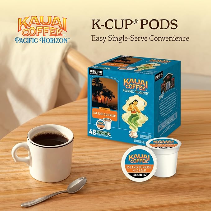 Kauai Coffee K-Cup Pods for Keurig Brewers – Arabica Coffee, 10% Hawaiian – Mild Roast, Light with Bright Aroma – Island Sunrise, 1 Pack of 48 Single Serve K-Cups