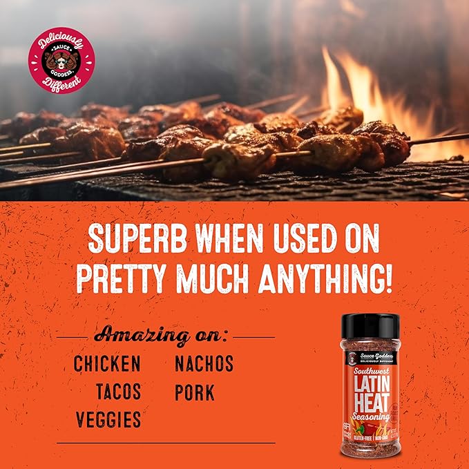 Sauce Goddess - Southwest Latin Heat Shaker - Mexican Rub, Taco seasoning with Cumin, Oregano, Cayenne & Red Chiles, No Sugar, Low Sodium, Gluten-Free - 4.2 oz