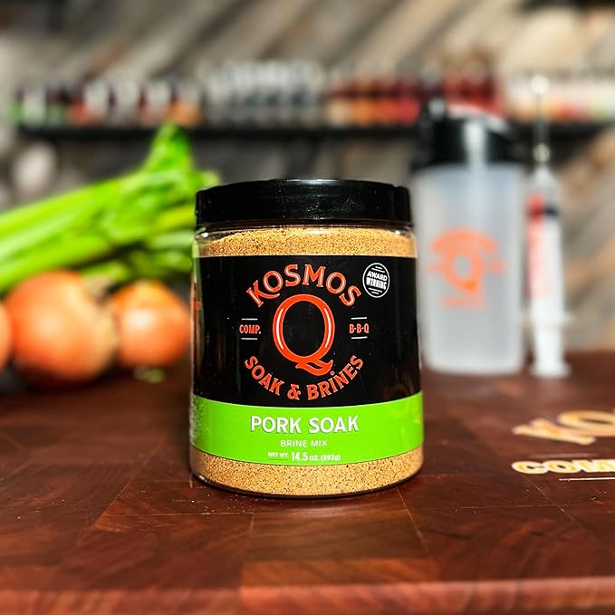 Kosmos Q Pork Brine Soak & Seasoning, Sweet Brown Sugar & Worcestershire Infusion For Pork Chops, Roasts, Shoulder, Smoking, Grilling, Roasting, Locks In Juiciness, Savory Flavor, Mix, 16 Oz Jar
