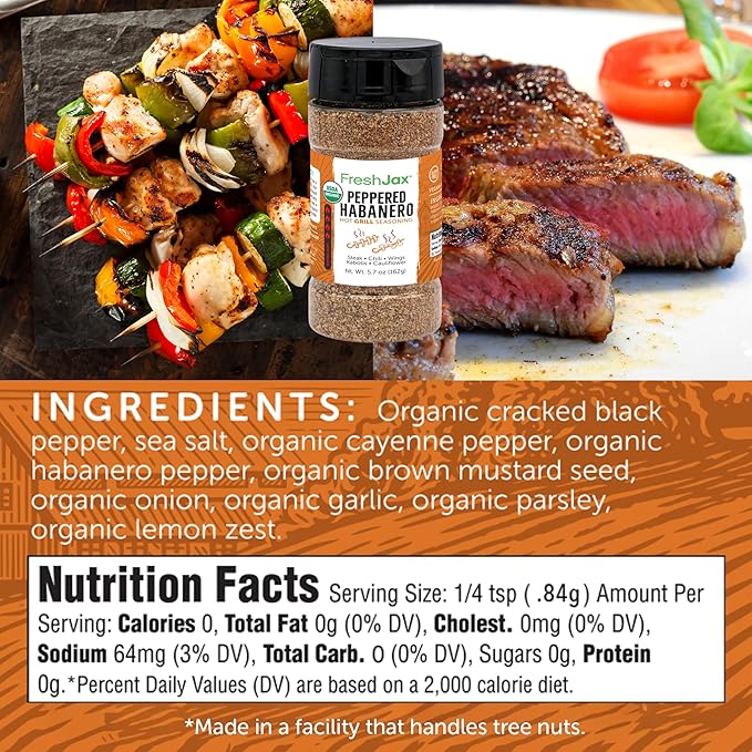 FreshJax Organic Peppered Habanero Hot Grilling Seasoning Spice (5.6 oz Large Bottle) Non GMO, Gluten Free, Keto, Paleo, No Preservatives Habanero Pepper Powder Blend