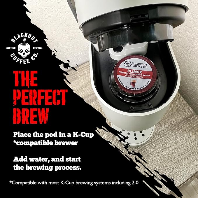 BLACKOUT COFFEE CLIMAX Amaretto, Irish Cream & Kahlua Flavored Coffee Pods ??Premium Arabica, Smooth Taste, Guilt-Free Indulgence ??18 Count Single Serve K-Cups, American Made