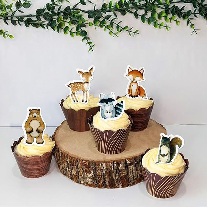 40Pcs Edible Animal Cupcake Toppers Wafer Paper Woodland Cupcake Toppers Picks for Animal Drink Topper Baby Shower or Birthday Party Decoration