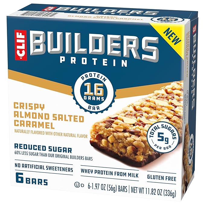 CLIF BUILDERS Protein Bars - Crispy Almond Salted Caramel - Reduced Sugar - Gluten Free - 16g Protein - No Artificial Sweeteners - 1.97 oz. (6 Pack)