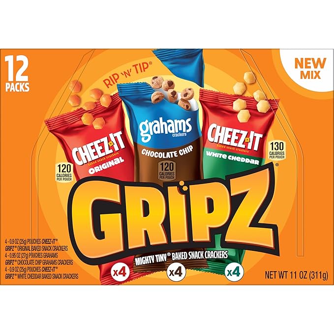Gripz Mini Baked Snack Crackers, Sweet and Salty Snacks, Variety Pack, 11oz Box (12 Pouches)
