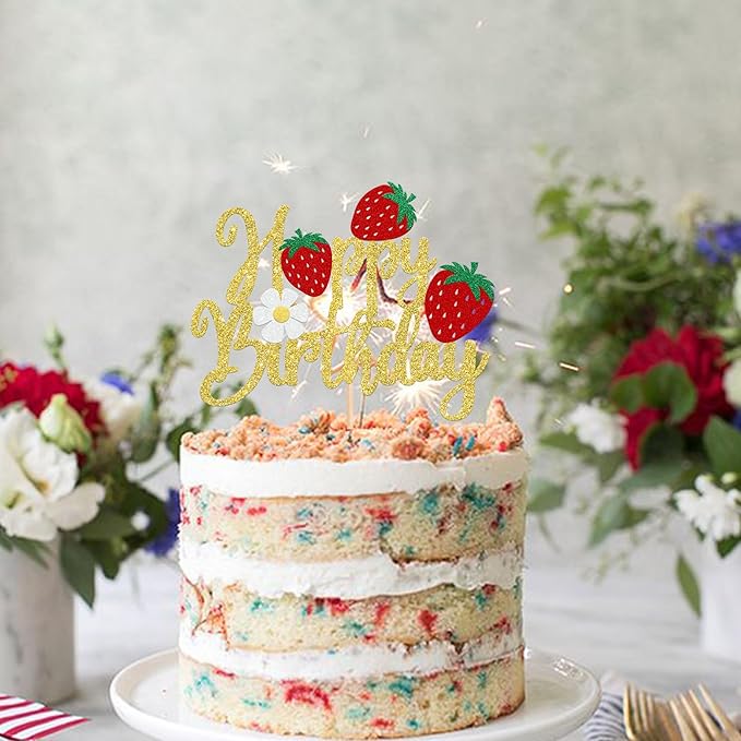 1 Pack Happy Birthday Cake Topper Glitter Strawberry Cake Pick for Fruit Theme Baby Shower Kids Birthday Party Strawberry Fruit Party Cake Decorations Supplies Gold