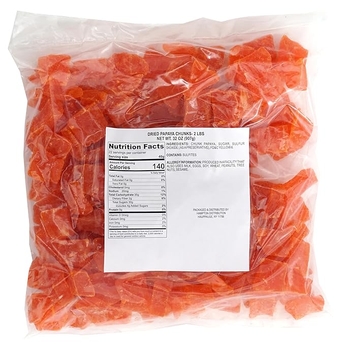 Dried Papaya Chunks, 2 Pound Bag, The Hampton Popcorn & Candy Company
