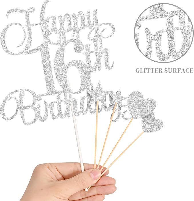 16th Birthday Cake Decorations, 16th Birthday Candles Cake Numeral Candles and Glitter Happy 16th Birthday Cake Toppers Set for Birthday Party Supplies (Silver)