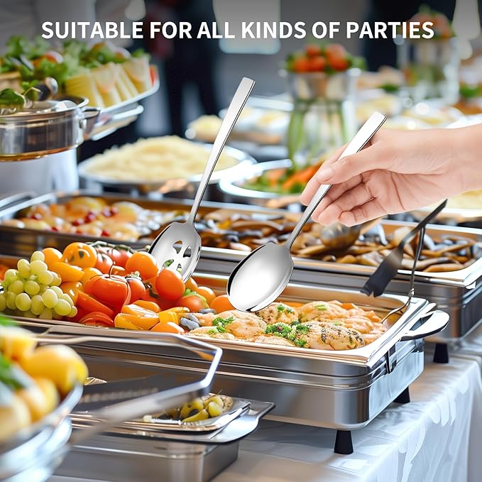 4 Piece Stainless Steel Serving Spoons Set - 2 Large, 2 Slotted, 9.2-Inch, Dishwasher Safe, for Parties/Kitchen/Buffet/Catering