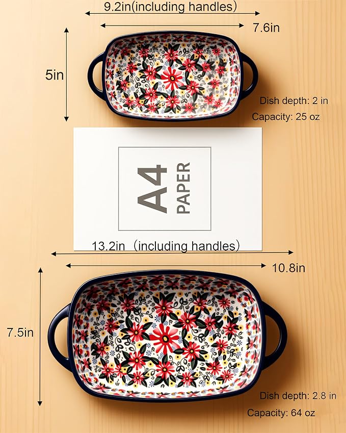 Ceramic Baking Dish Set of 2 ??Decorative Polish Pottery Style Casserole Dishes with Handles, Cute Oven-Safe Lasagna Bakeware Gift Set