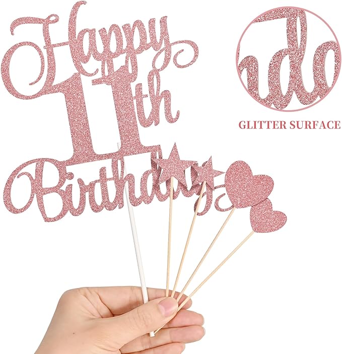 11th Birthday Cake Decorations, 11th Birthday Candles Cake Numeral Candles and Glitter Happy 11th Birthday Cake Toppers Set for Birthday Party Supplies (Rose Gold)