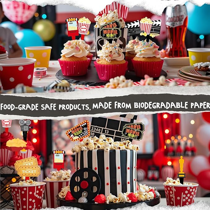 40 Pcs Movie Night Cupcake Toppers - Perfect Party Decorations for Birthdays, Hollywood Baby Showers, and Themed Cakes
