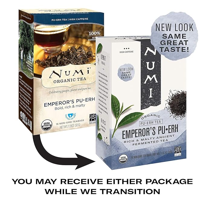 Numi Organic Emperor's Pu-erh Tea, 48 Dark Tea Bags, Aged Fermented Yunnan Black Tea, Caffeinated