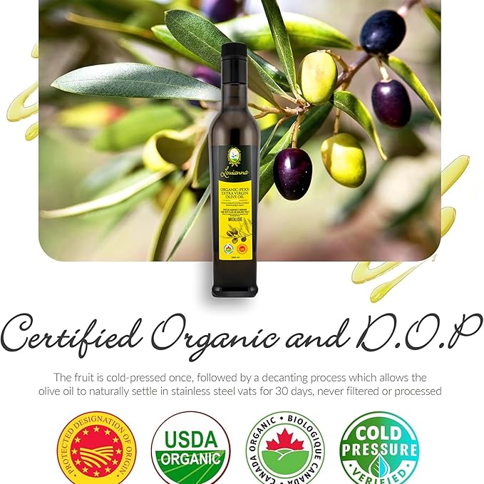 Louianna - Organic Extra Virgin Olive Oil, Low Acidity and High Polyphenol Olive Oil, Pure Olive Oil for Dipping, Baking, and Drizzling, 500 mL