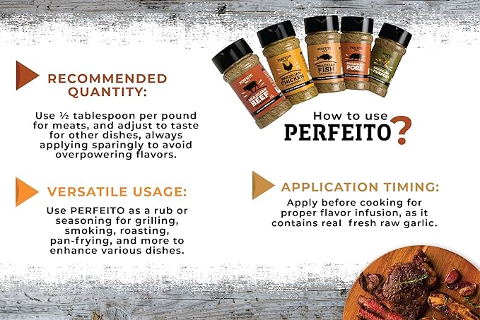 Brazilian Essence Gourmet Seasoning Set - 5 Unique Blends for Beef, Chicken, Seafood, Pork and All Purposes, Gluten-Free, Natural, Sugar Free, No Preservatives, Premium, Rich Flavor. Perfeito Seasoning.