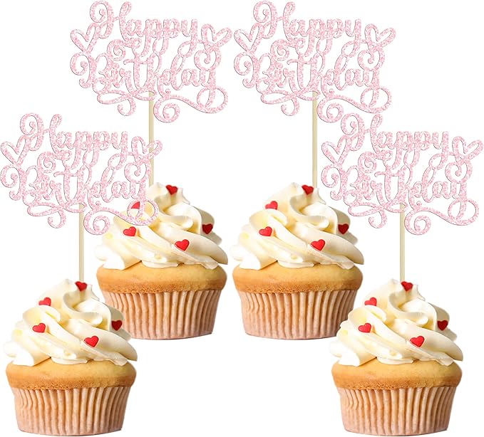 Gyufise 24Pcs Happy Birthday Cupcake Toppers Glitter Happy Birthday Cupcake Picks for Celebrating Happy Birthday Anniversary Theme Party Cake Decorations Supplies Light Pink