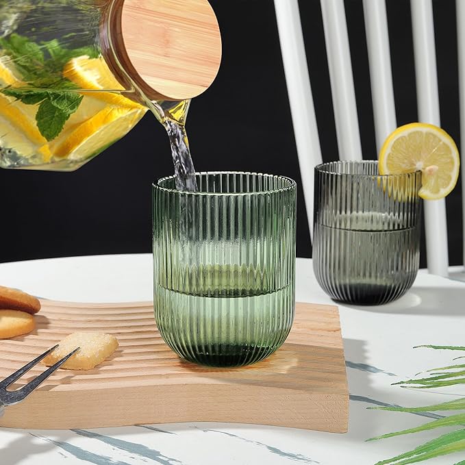 Joeyan Vintage Small Drinking Glasses,Ribbed Colored Water Cocktail Tumblers Cups,Beer Wine Juice Milk Beverages Glassware,9 oz,Set of 4,Dishwasher Safe