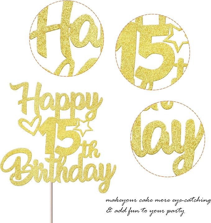 1 Pack Happy 15th Birthday Cake Topper Glitter Heart Star 15 Fabulous Cake Pick Birthday Sign Cake Decorations for 15th Birthday Theme Party Supplies Gold