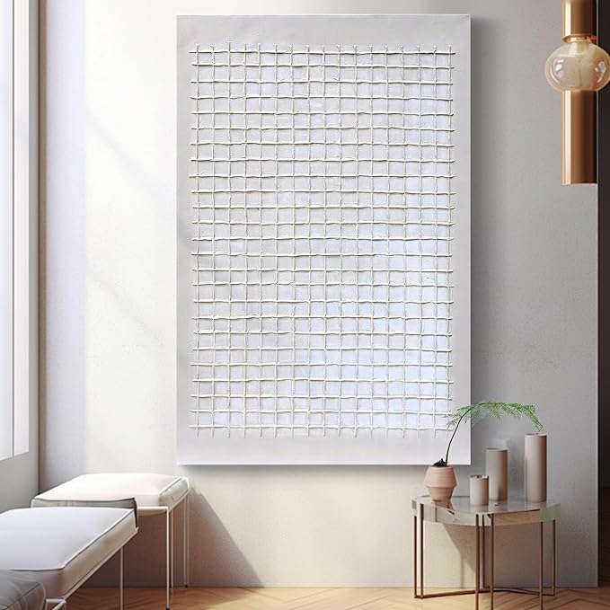 Artaanchuil Thick Texture Abstract Hand-Painted Oil Painting - Large Framed Wall Art 30x45 Inch Grey White Checked Vertical Artwork for Living Room Wall Decor
