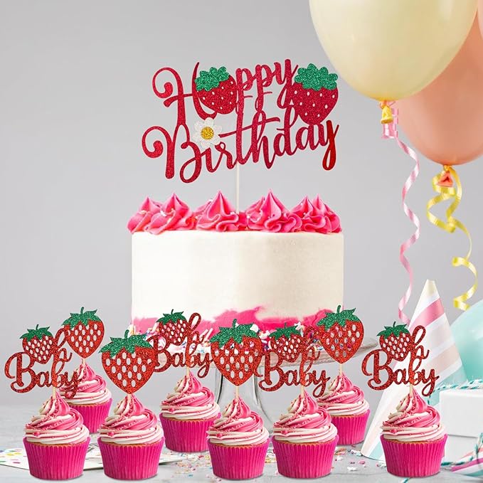 25Pcs Strawberry Cake Topper Glitter Oh Baby Strawberry Cupcake Toppers for Fruit Theme Baby Shower Birthday Summer Party Cake Decorations Supplies Red
