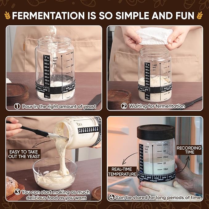 Sourdough Starter Jar, 35 oz Sourdough Starter Kit with Date Marker Feeding Band, Thermometer, Food-Grade Scraper, Cloth Cover and Acacia Wood Lid, Sourdough Bread Baking Supplies