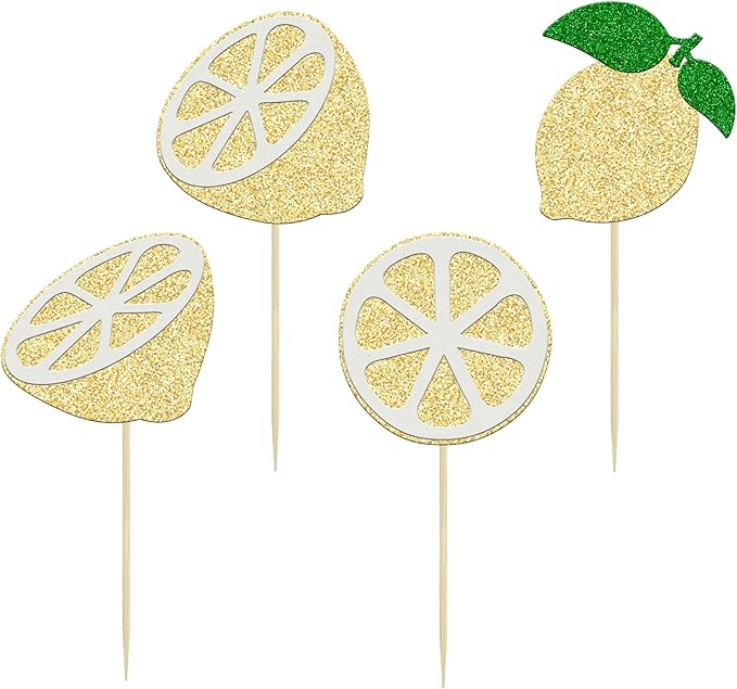24Pcs Lemon Cupcake Toppers Glitter Flower Ring Fruit Bridal Shower Cupcake Picks for Lemonade Engagament Party Baby Shower Birthday Party Cake Decorations Supplies