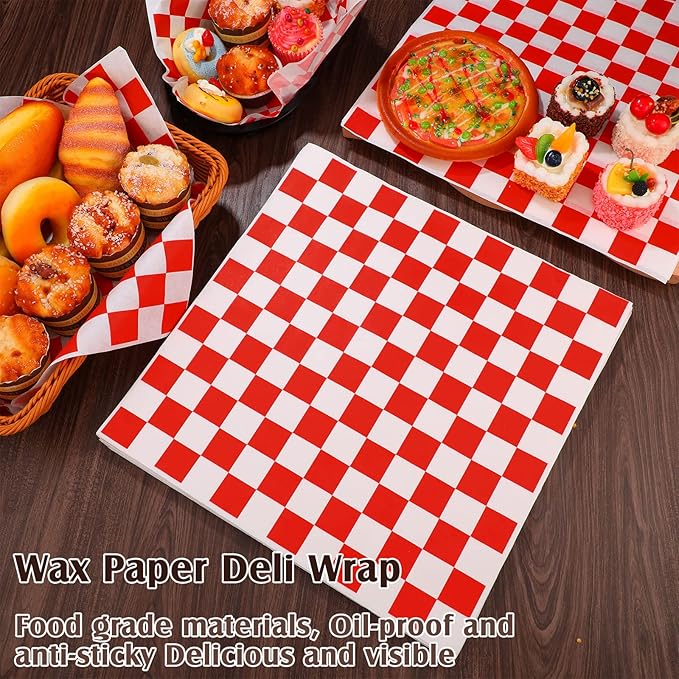 Honeydak 600 Pcs Sandwich Wrapping Paper Sheet 15x15 Checkered Food Wax Sheets Parchment Burgers Paper Basket Liner Grease Restaurant Wedding Party Supplies for Wrapping Bread BBQ