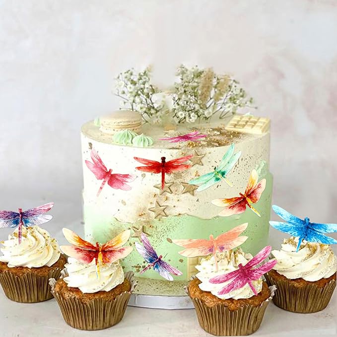 45PCS Edible Dragonfly Cupcake Toppers Wafer Paper Insect Themed Cake Decoration Drink Topper Wedding Baby bath Cake Decorations Garden Decorations Birthday Party Decoration Supplies
