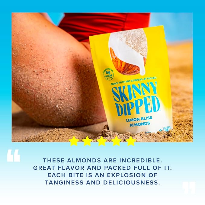 SkinnyDipped Lemon Bliss Almonds, Healthy Snack, Plant Protein, Gluten Free, 3.5 oz Resealable Bags, Pack of 5
