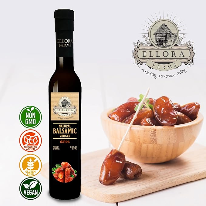 Ellora Farms, Date Balsamic Vinegar, Thick and creamy, Barrel aged, No-added sugar, Award Winning, Glass bottle, 8.45 oz., Pack of 1