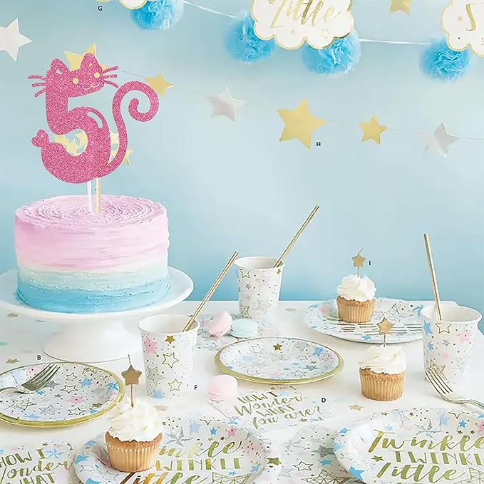 1 Pack Cat Cake Topper 5th Birthday Cake Pick Glitter Cute Pet Cat Cake Decoration for Cat Theme Baby Shower Kids Five Birthday Wedding Party Cake Decorations Supplies Pink