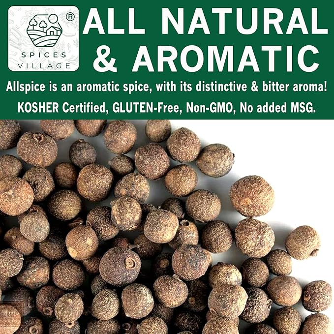 SPICES VILLAGE Allspice Berries Whole, Pimento Seeds, Natural Allspice for Cooking, Pickling Seasoning, 8 oz, Pimienta Dulce Malagueta, Kosher, Gluten Free, Non GMO, KETO Friendly, Resealable Bulk Bag