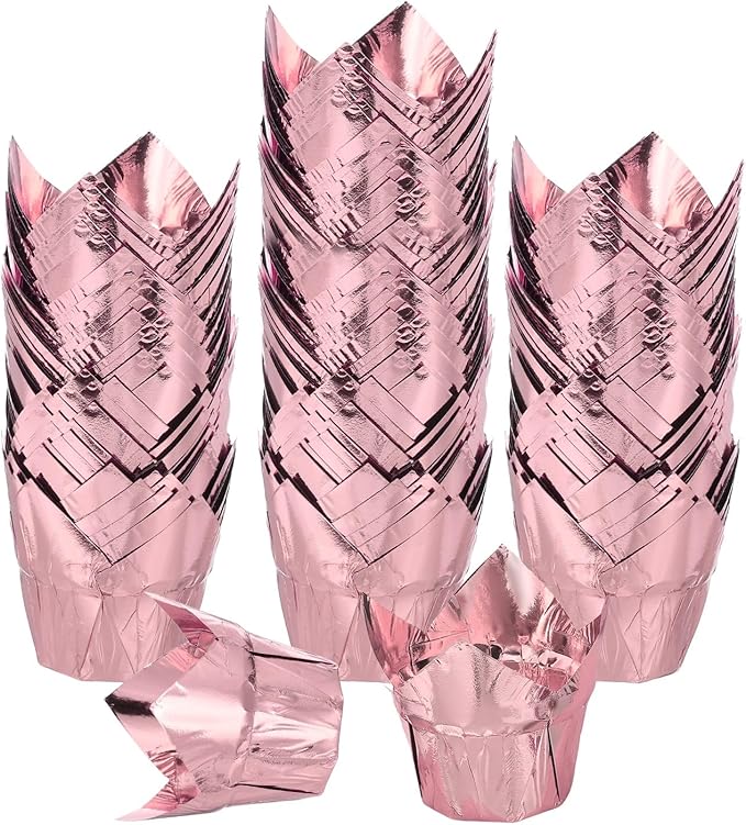 uxcell 100 Pcs Tulip Cupcake Liners, Muffins Liners Aluminum Foil Cupcake Wrappers Baking Cups Muffins Liners for Wedding Birthday Party Supplies, Rose Gold