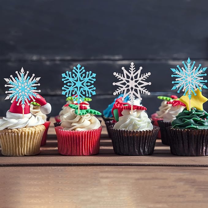 24 PCS Glitter Snowflake Cupcake Toppers Winter Frozen Theme Cupcake Picks Winter Wonderland Cake Decorations for Snowflake Theme Baby Shower Birthday Merry Christmas Party Supplies Blue Silver