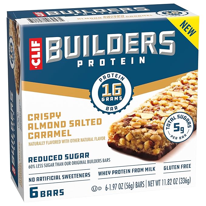 CLIF BUILDERS Protein Bars - Crispy Almond Salted Caramel - Reduced Sugar - Gluten Free - 16g Protein - No Artificial Sweeteners - 1.97 oz. (6 Pack)